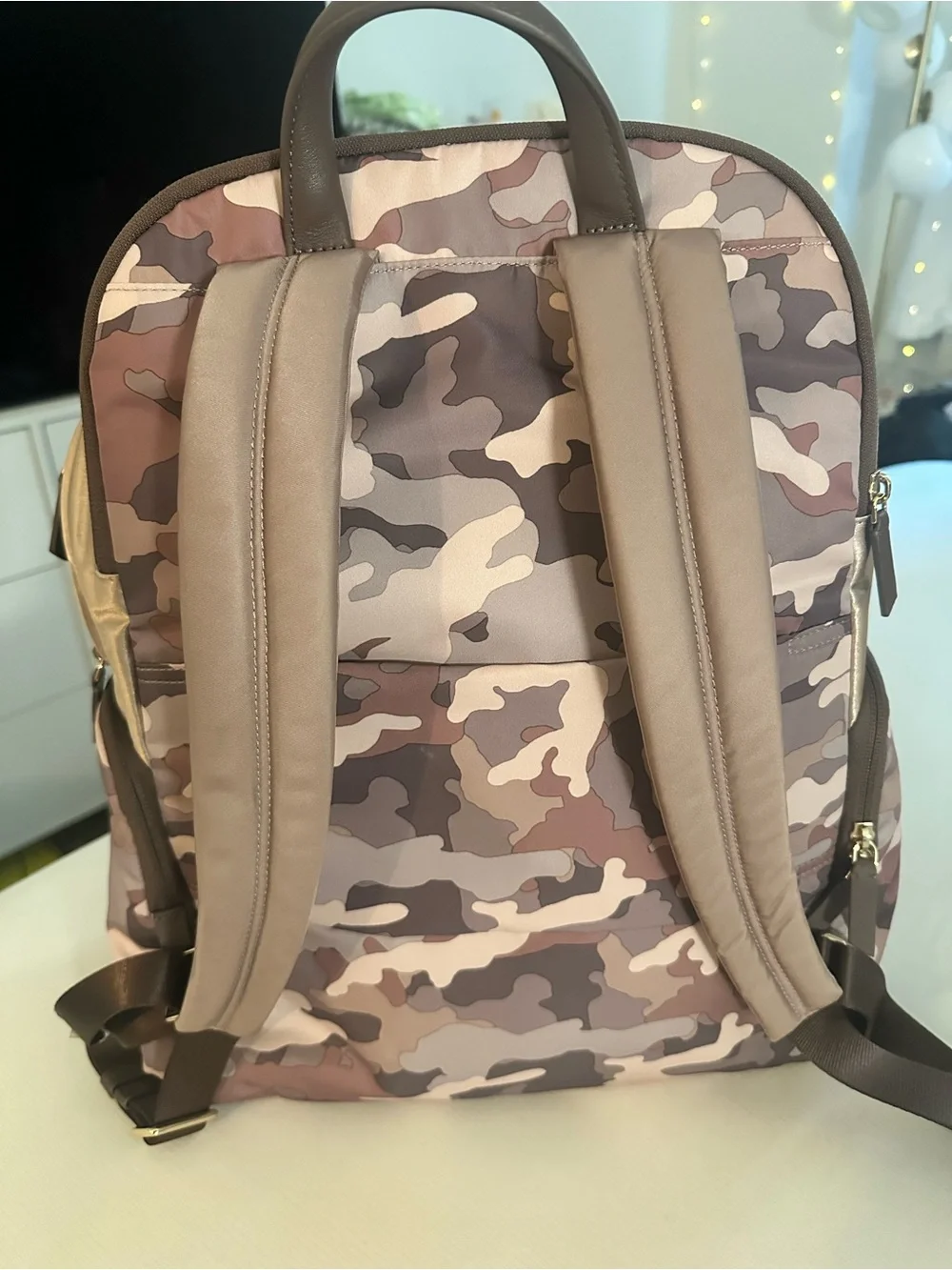 Tumi Pink Voyageur Carson Camo Backpack with Gold Hardware